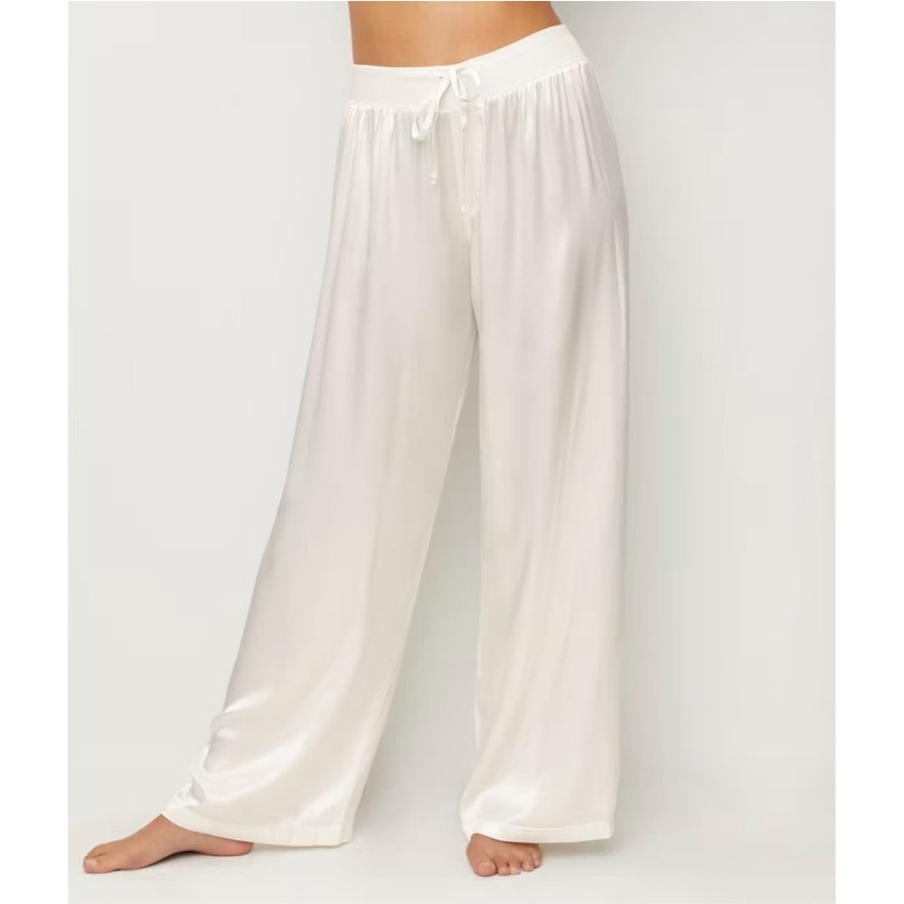 PJ Harlow Jolie Wide Leg Lounge Pants Cream Satin Drawstring Pajamas Womens S